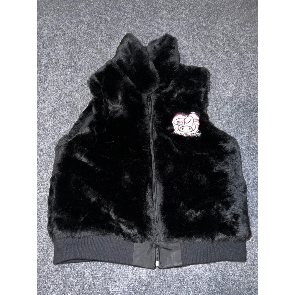 Sanrio My Melody Black Faux Fur Vest Women Small Embroidered Zip Up